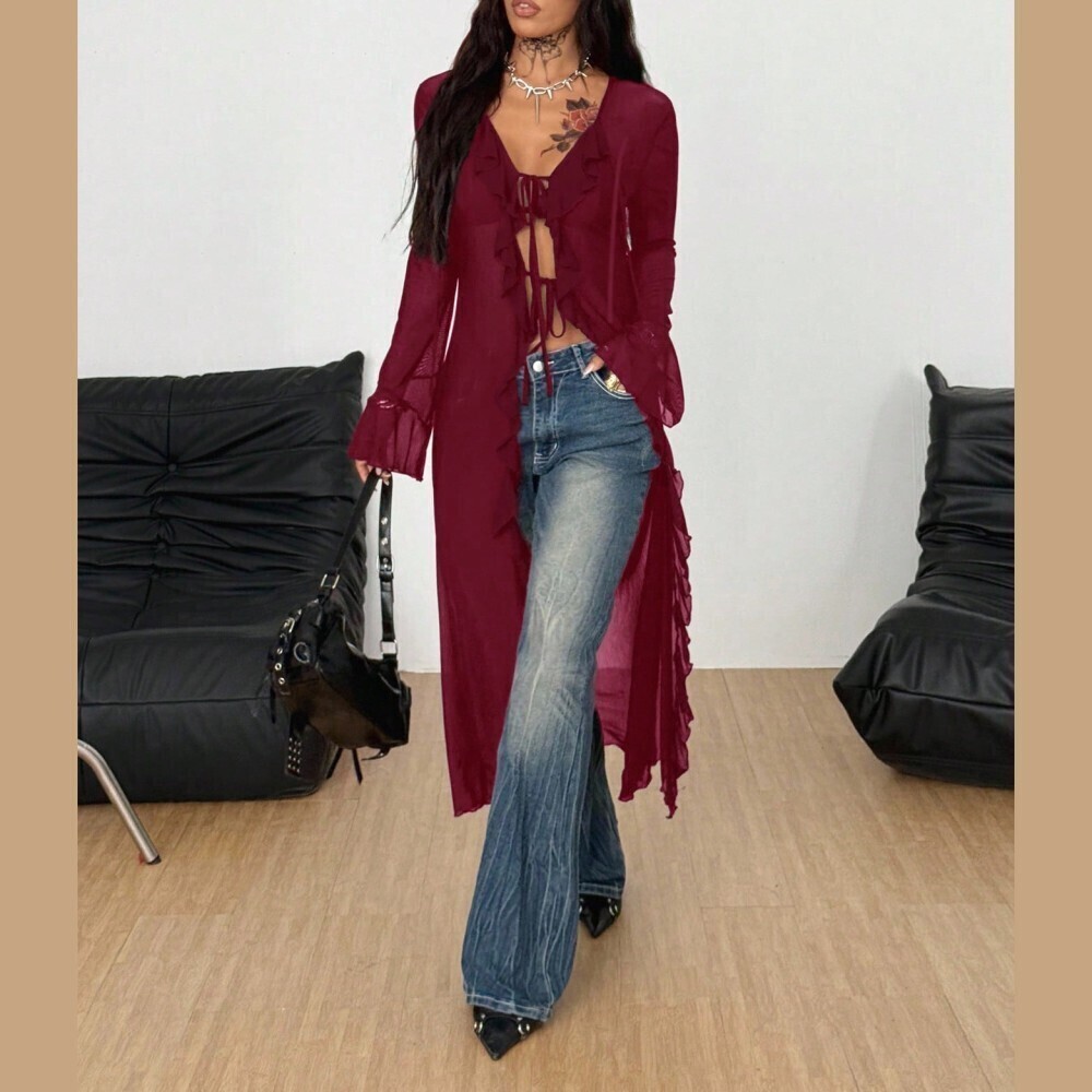 Burgundy Sheer Mesh Tie-Front Ruffle Duster